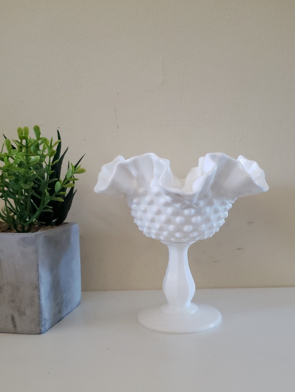 Vintage Fenton Milk Glass Hobnail Compote with Double Crimped Ruffled Rim